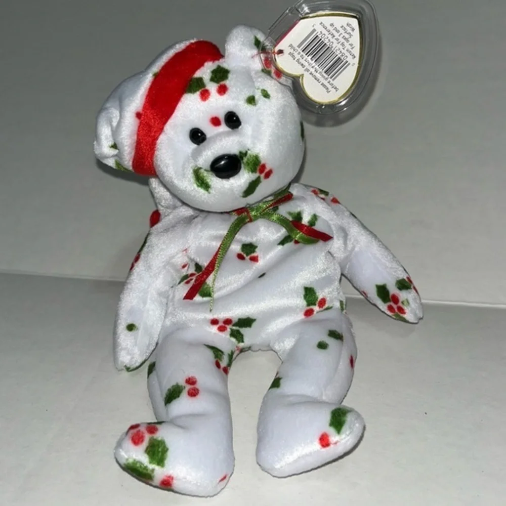 Ty 1998 Holiday Teddy‎ Bear Beanie Baby Santa Hat, Decorated with Holly